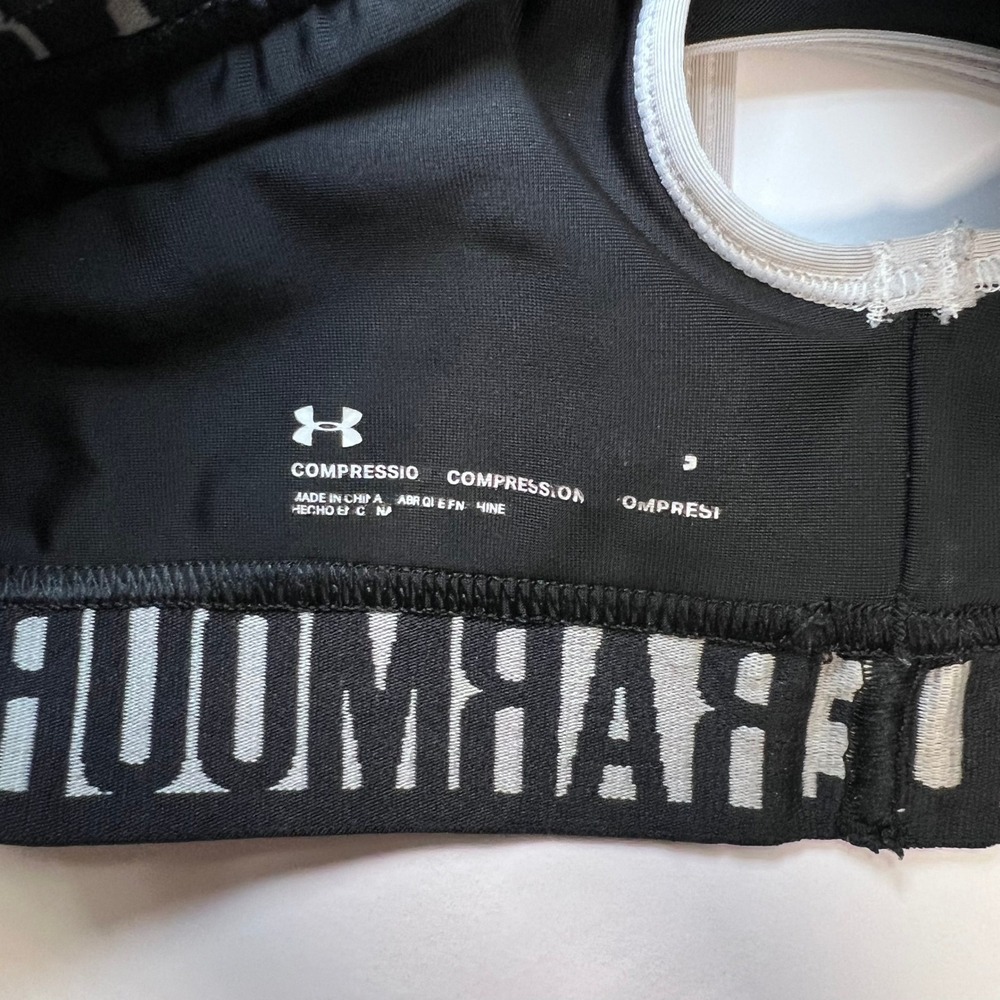 Under Armour Mid Keyhole Sports Bra Size Large Black Gray Logo Band - Picture 3 of 9